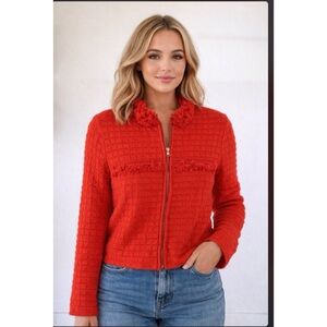 Pesaro Vibrant Red Wool Blend Boucle’ Textured Woven Knit frayed Trim Jacket XS